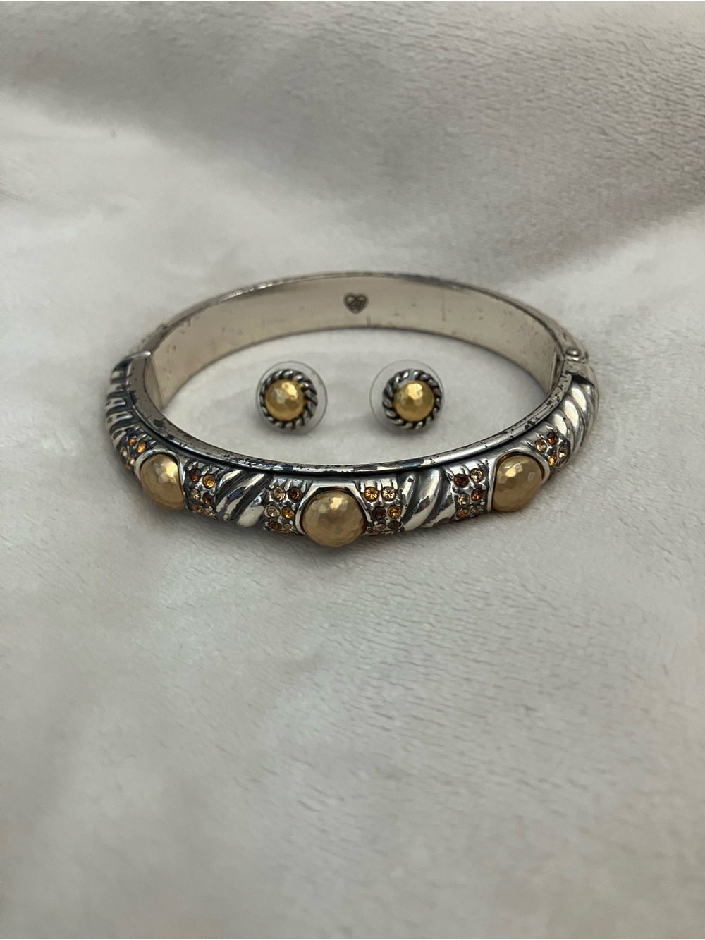 Brighton Two-Tone Silver and Gold Bangle Bracelet with Gold Accent Stud Earrings